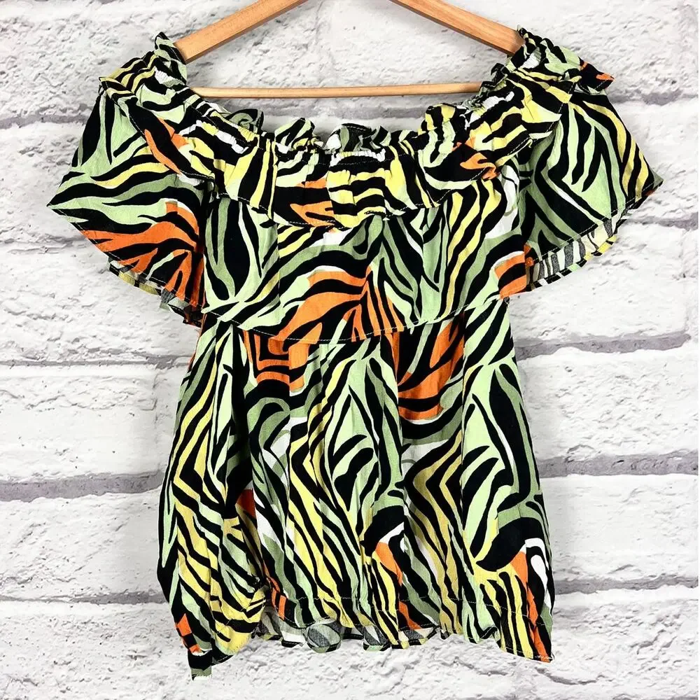 NWT New York & Company Women XL Safari Resortwear Maximalist Off Shoulder Blouse